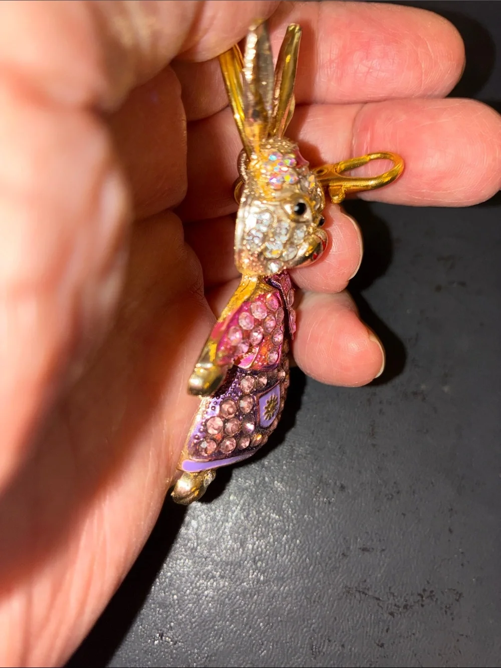 Gold-Tone Pink Crystal Bunny Charm Keychain